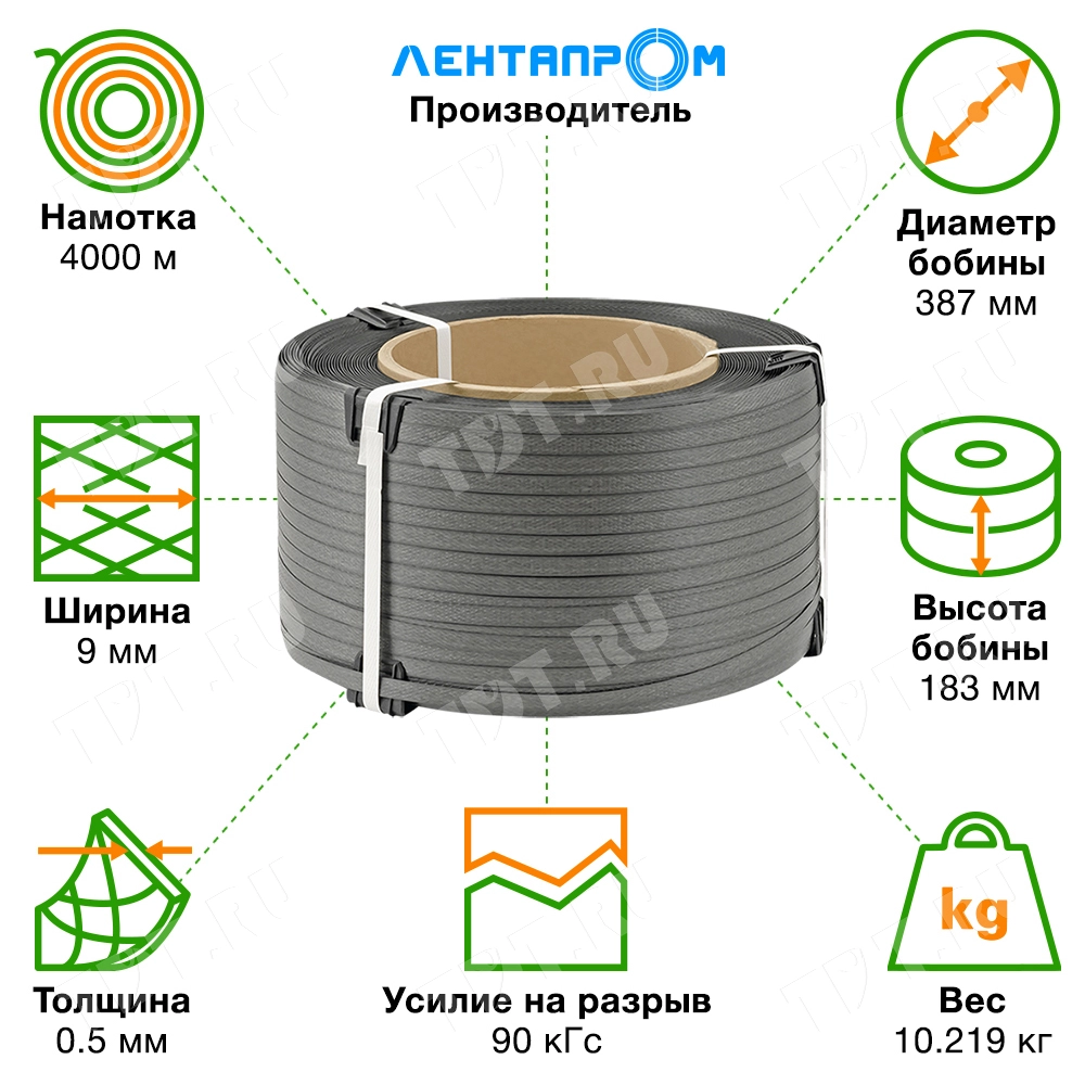 Лента полипропиленовая (ПП), 9мм*0.5мм*4000м, серая