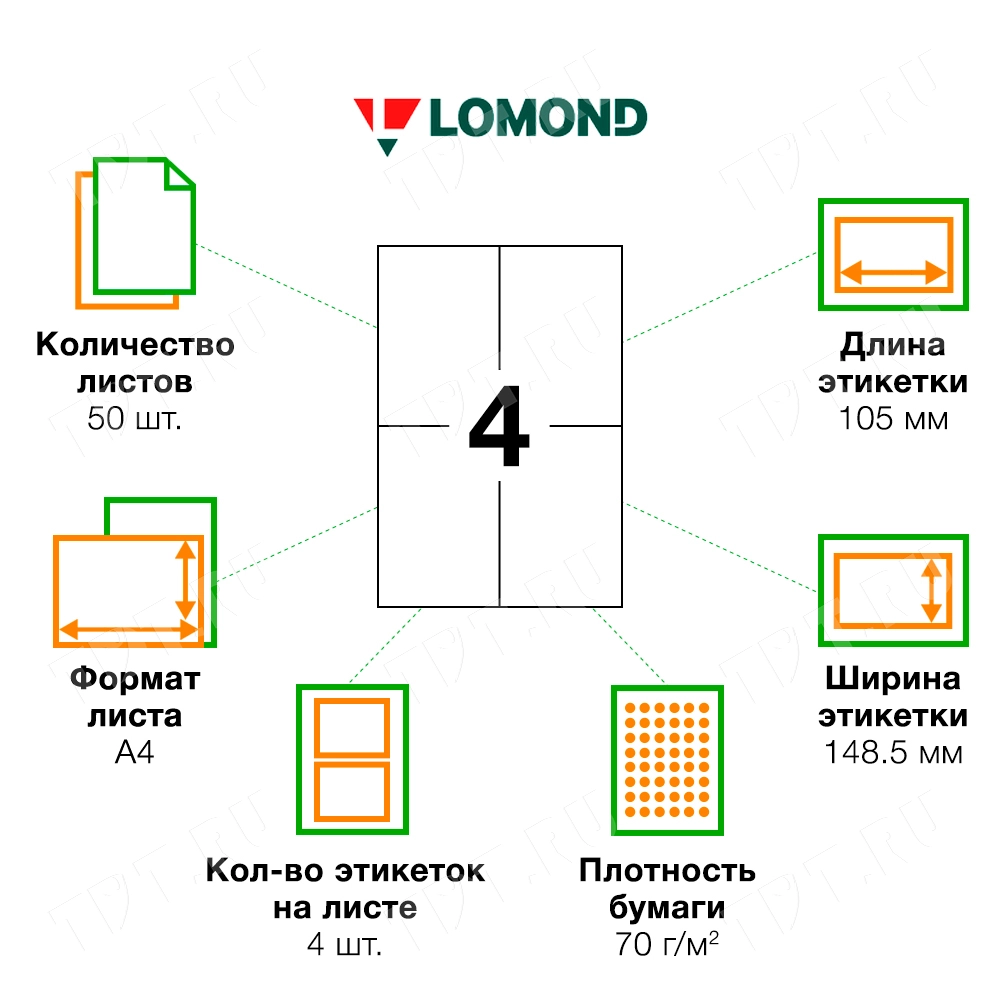 Белая самоклеящаяся бумага Lomond, 50 листов, А4, 4 этикетки, 105*148.5 мм