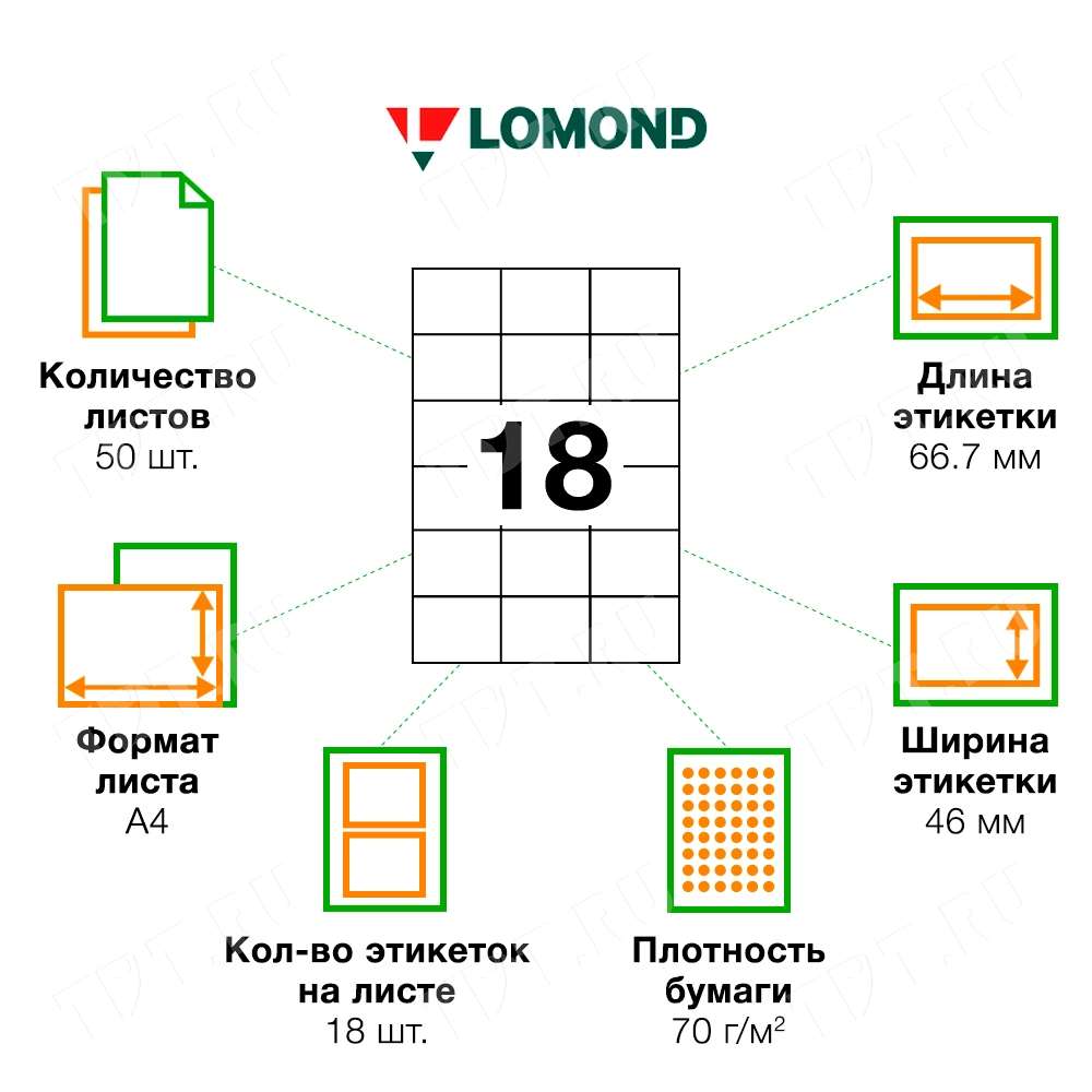 Самоклеящаяся бумага Lomond белая, 50 листов, А4, 18 этикеток, 66.7*46 мм