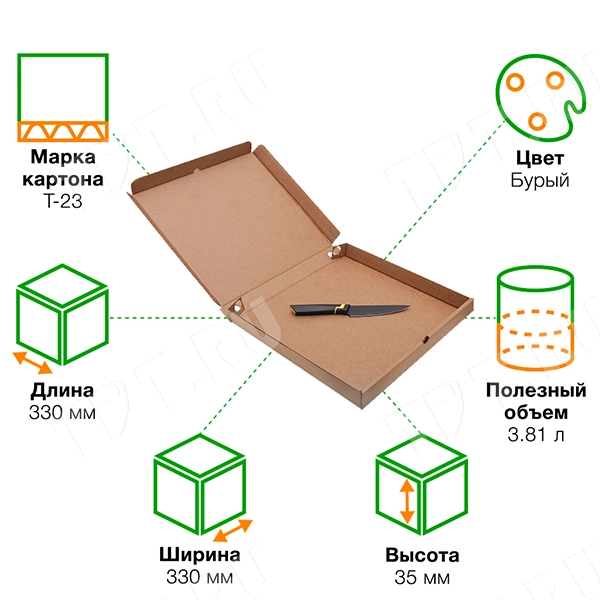 Бурая коробка для пиццы, 330*330*35 мм