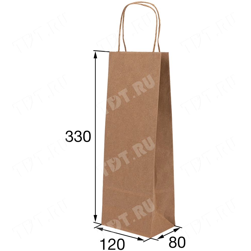 Крафт пакет с крученой ручкой для бутылок, 120 г/м², 12*8*33 см