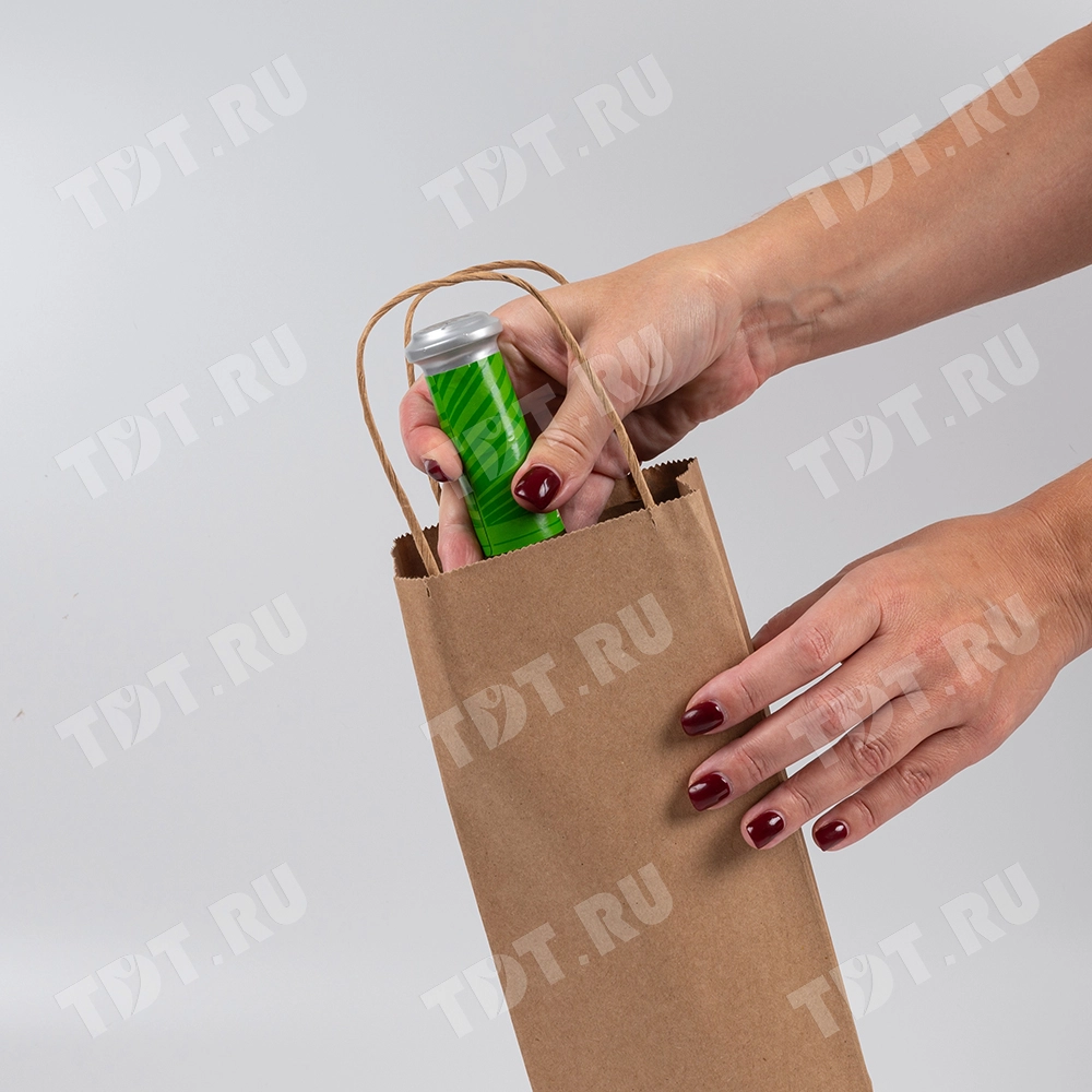 Крафт пакет с крученой ручкой для бутылок, 120 г/м², 12*8*33 см