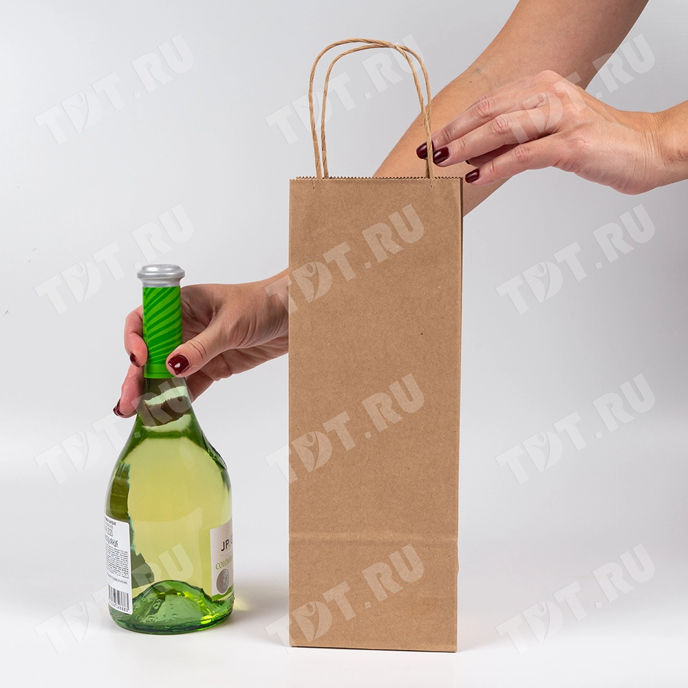 Крафт пакет с крученой ручкой для бутылок, 120 г/м², 12*8*33 см