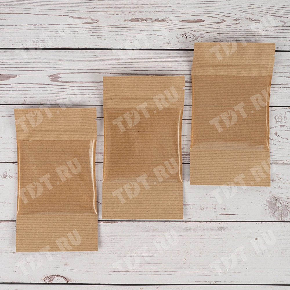 Крафт дой-пак с zip lock, прямоугольное окно 10 см, 10.5*6*18.5 см, 50 шт.