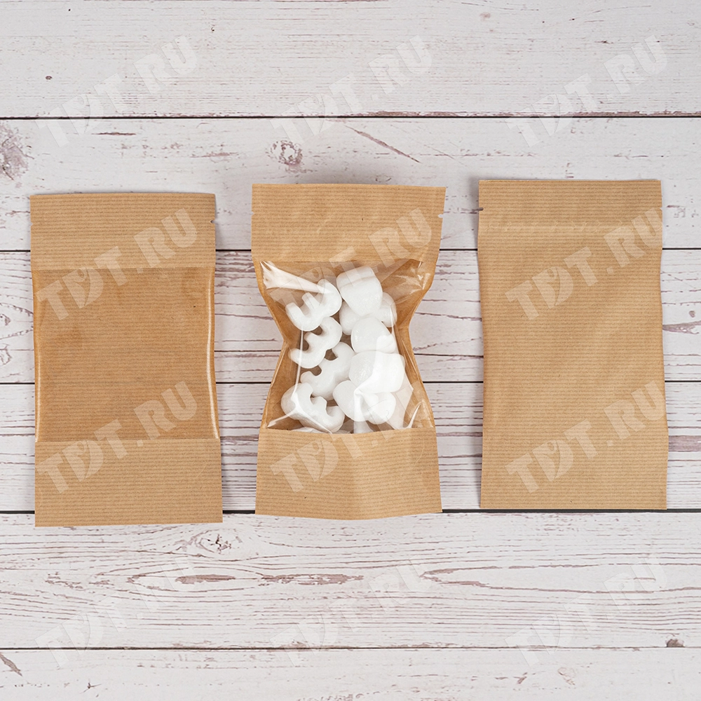 Крафт дой-пак с zip lock, прямоугольное окно 10 см, 10.5*6*18.5 см, 50 шт.