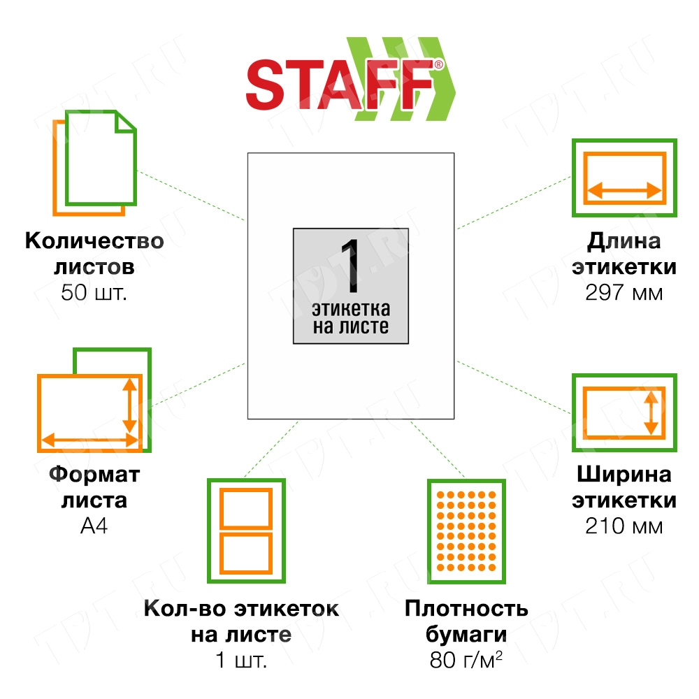 Белая самоклеящаяся бумага STAFF «Universal Basic», матовая, 50 листов, А4, 1 этикетка, 210*297 мм
