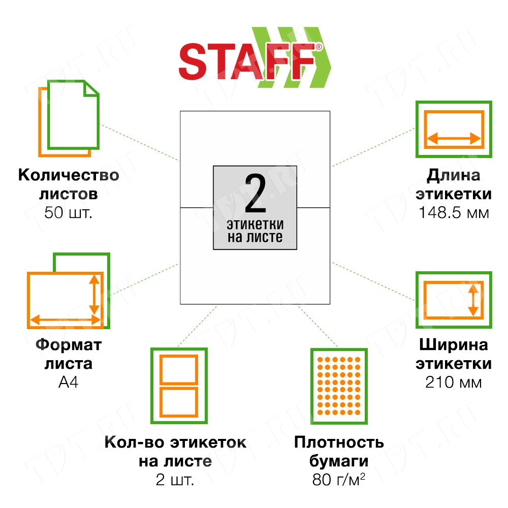Белая самоклеящаяся бумага STAFF «Universal Basic», матовая, 50 листов, А4, 2 этикетки, 210*148.5 мм