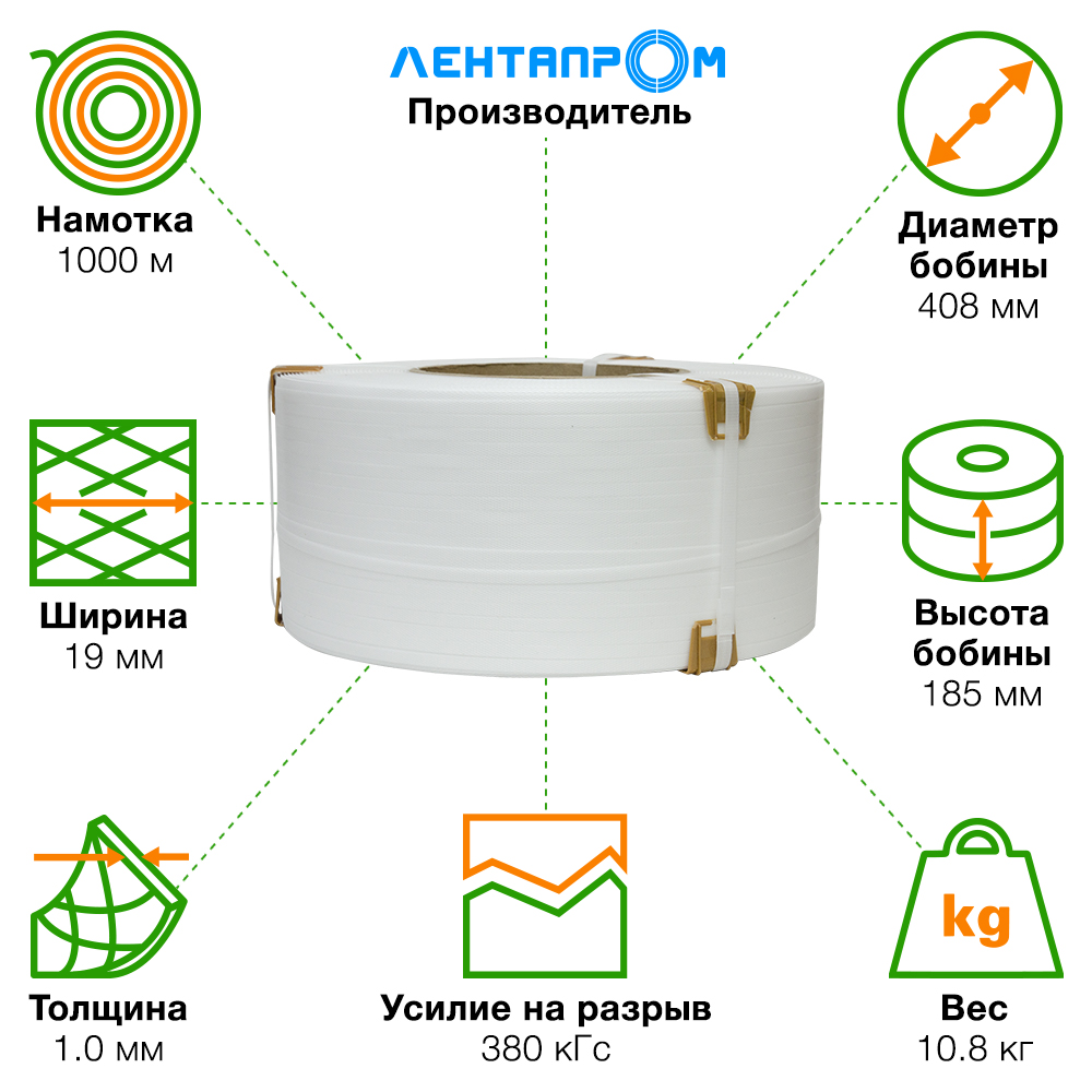 Стреппинг лента полипропиленовая (ПП), 19мм*1.0мм*1000м, белая Стреппинг лента полипропиленовая (ПП), 19мм*1.0мм*1000м, белая