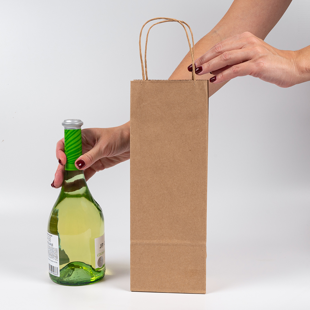 Крафт пакет с крученой ручкой для бутылок, 120 г/м², 12*8*33 см Крафт пакет с крученой ручкой для бутылок, 120 г/м², 12*8*33 см
