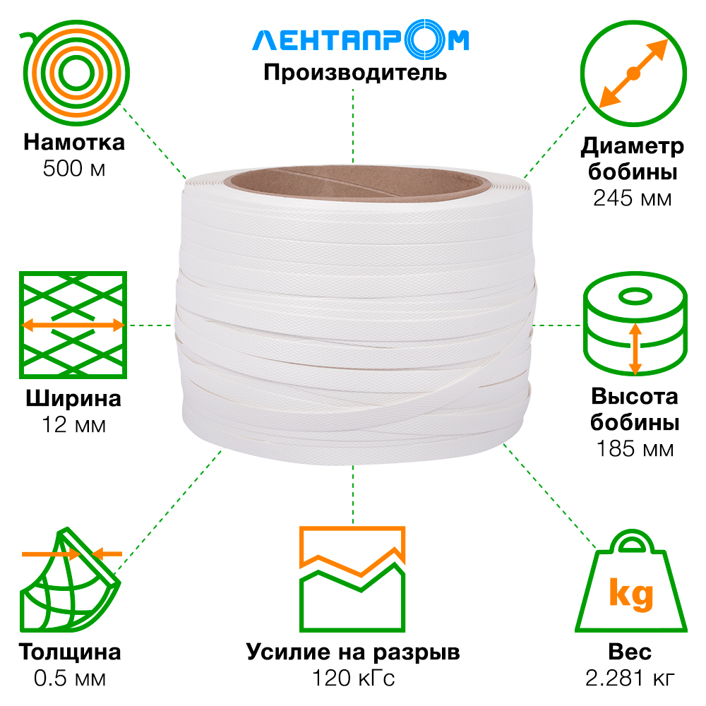 Стреппинг лента полипропиленовая (ПП), 12мм*0.5мм*500м, белая Стреппинг лента полипропиленовая (ПП), 12мм*0.5мм*500м, белая