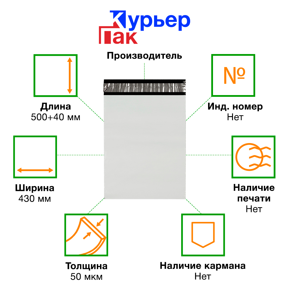 Курьер-пакет белый без печати, без кармана, 430*500+40 мм, 50 мкм, 1 шт. Курьер-пакет белый без печати, без кармана, 430*500+40 мм, 50 мкм, 1 шт.