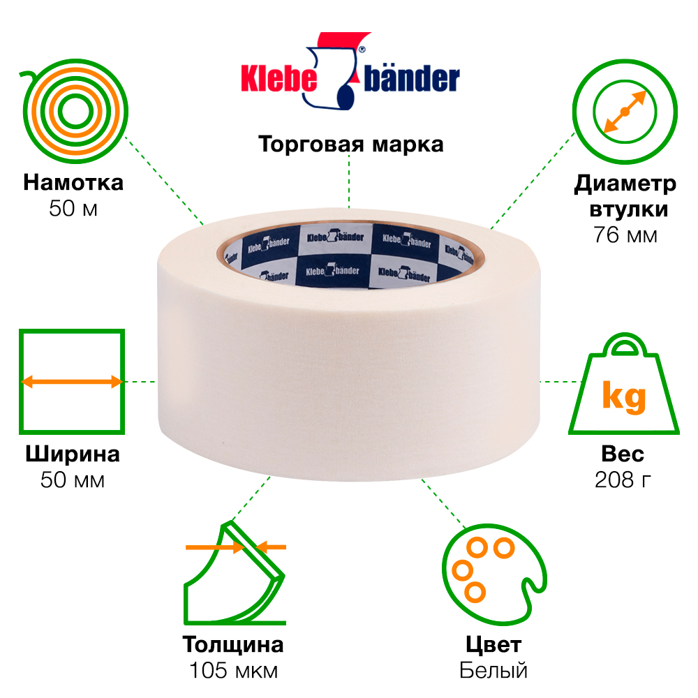 Клейкая лента малярная Klebebander, 50мм*50м Клейкая лента малярная Klebebander, 50мм*50м