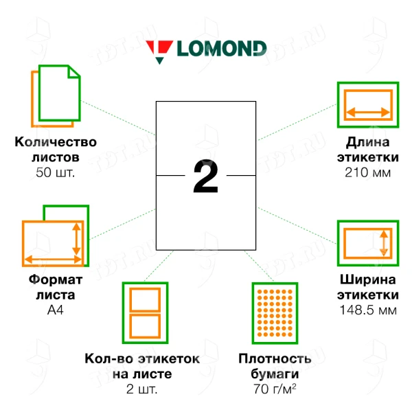 Самоклеящаяся бумага Lomond белая, 50 листов, А4, 2 этикетки, 210*148.5 мм