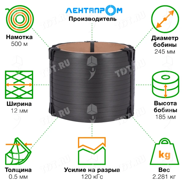 Стреппинг лента полипропиленовая (ПП), 12мм*0.5мм*500м, серая