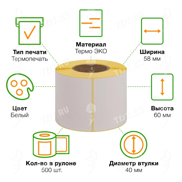 Термоэтикетки самоклеящиеся ЭКО 58*60 мм, втулка 40 мм, 500 шт./рол.