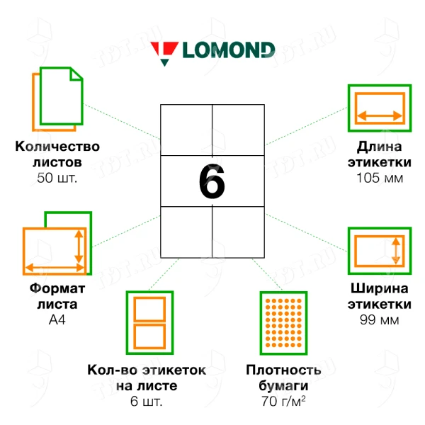 Самоклеящаяся бумага Lomond белая, 50 листов, А4, 6 этикеток, 105*99 мм