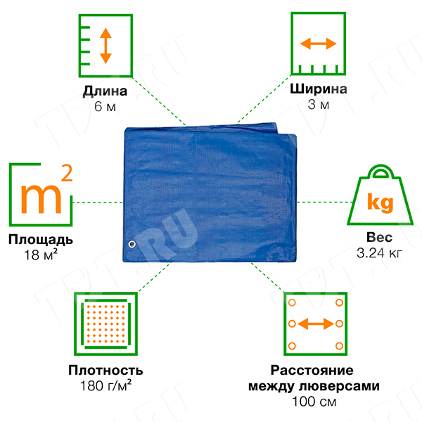 Защитный тент «Тарпаулин®» с люверсами синий, 3*6 м, 180 г/м²