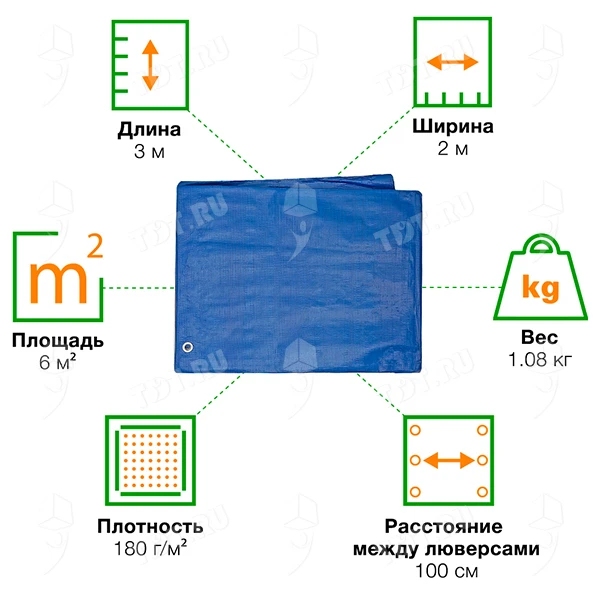 Защитный тент «Тарпаулин®» с люверсами синий, 2*3 м, 180 г/м²