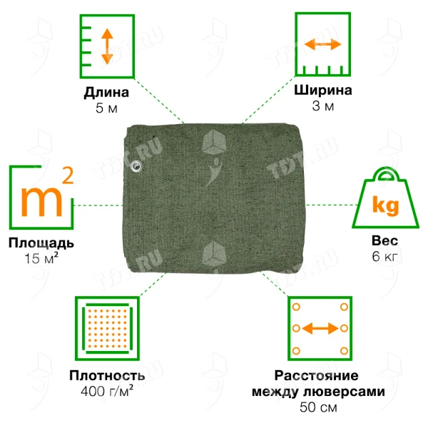 Брезент ВО с люверсами, хаки, 400 г/м², 3*5 м