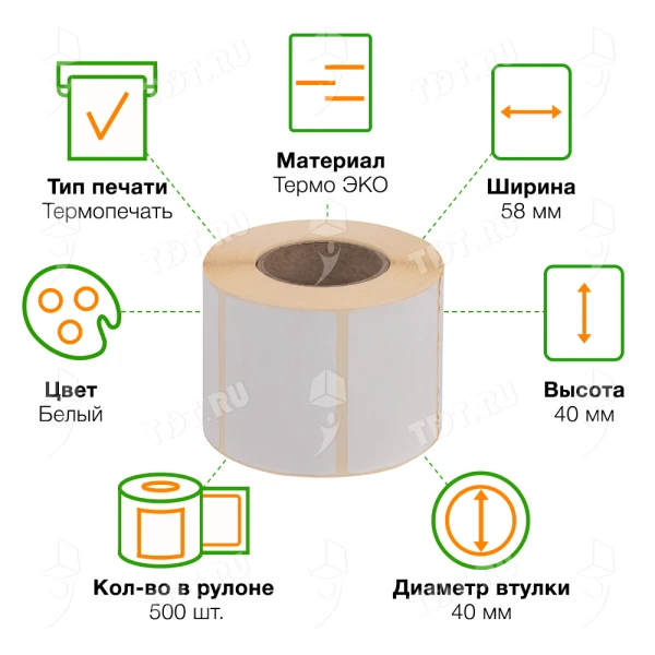 Термоэтикетки самоклеящиеся ЭКО 58*40 мм, втулка 40 мм, 500 шт./рол.