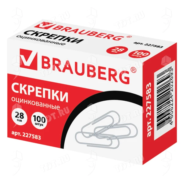 Скрепки BRAUBERG, 28 мм, оцинкованные, 100 шт./уп.