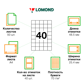 Самоклеящаяся бумага Lomond белая, 50 листов, А4, 40 этикеток, 48.5*25.4 мм
