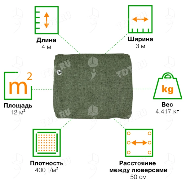 Брезент ВО с люверсами, хаки, 400 г/м², 3*4 м