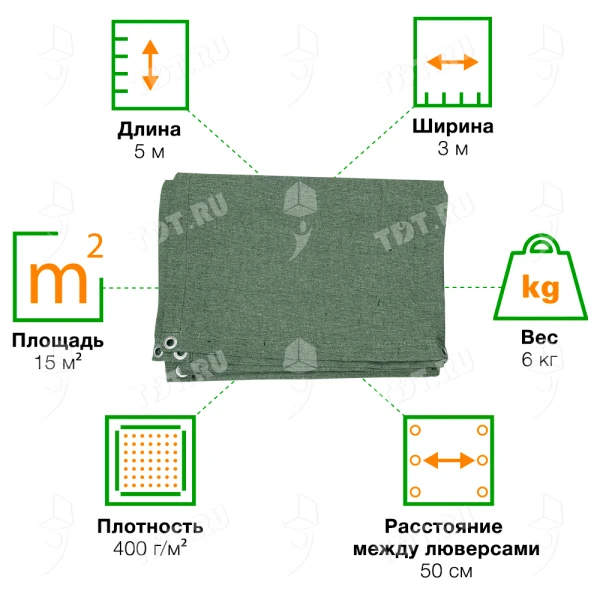 Брезент ОП с люверсами, хаки, 400 г/м², 3*5 м