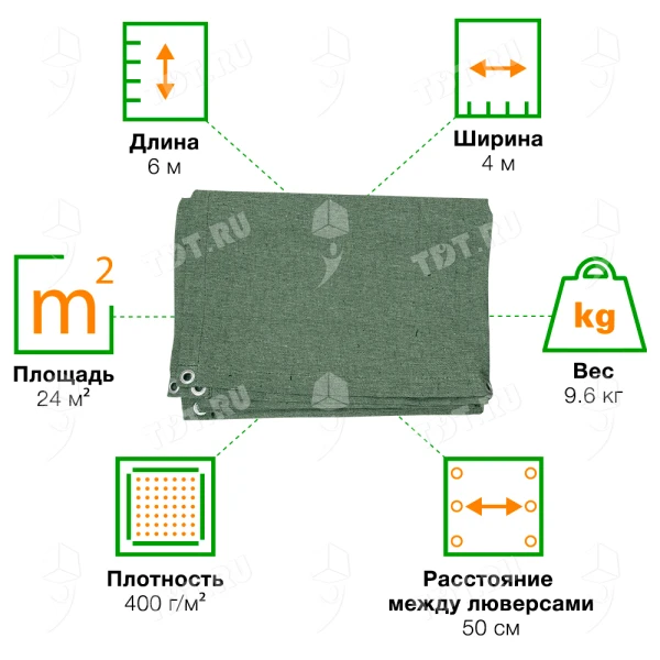 Брезент ОП с люверсами, хаки, 400 г/м², 4*6 м